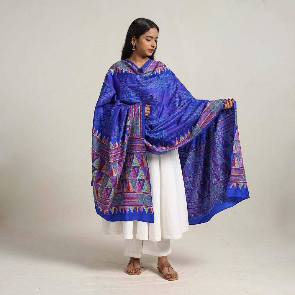 Blue - Bengal Handloom Silk Kantha Embroidery Dupatta 04