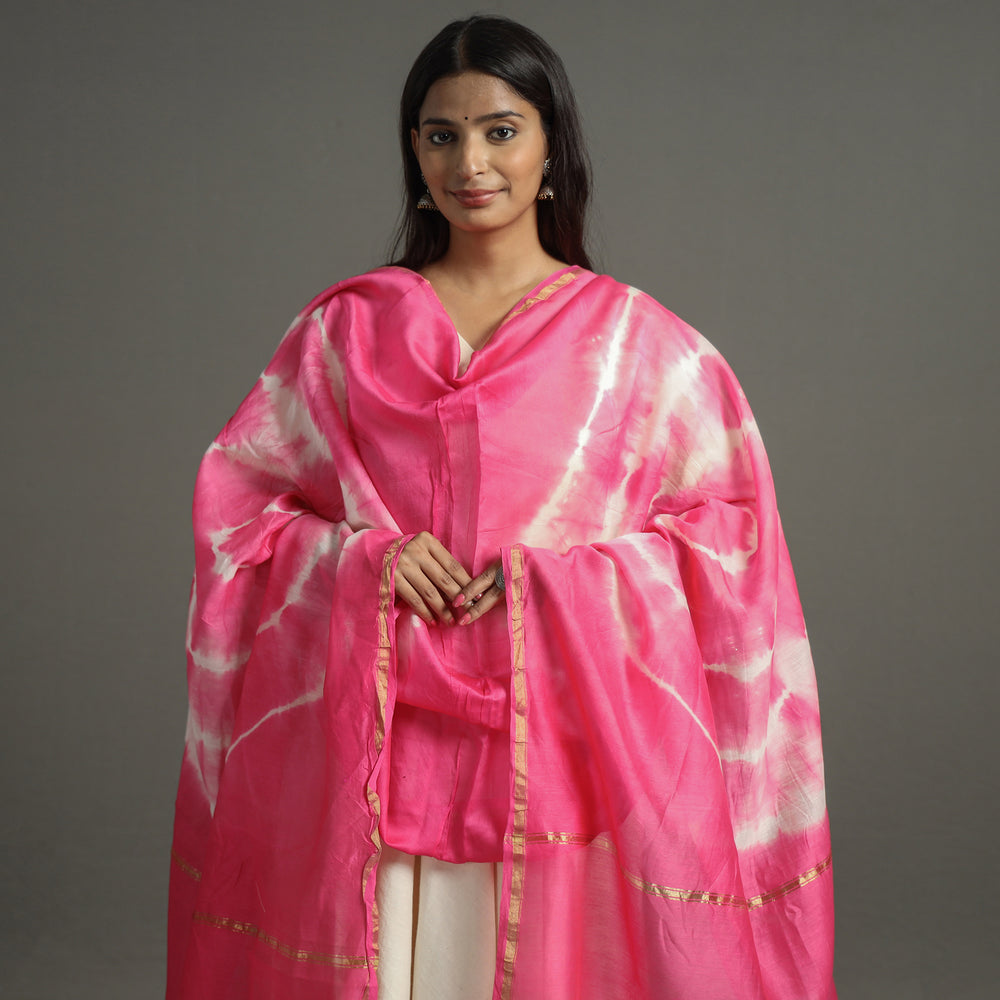 Pink - Shibori Tie-Dye Handloom Chanderi Silk Dupatta with Zari Border 50