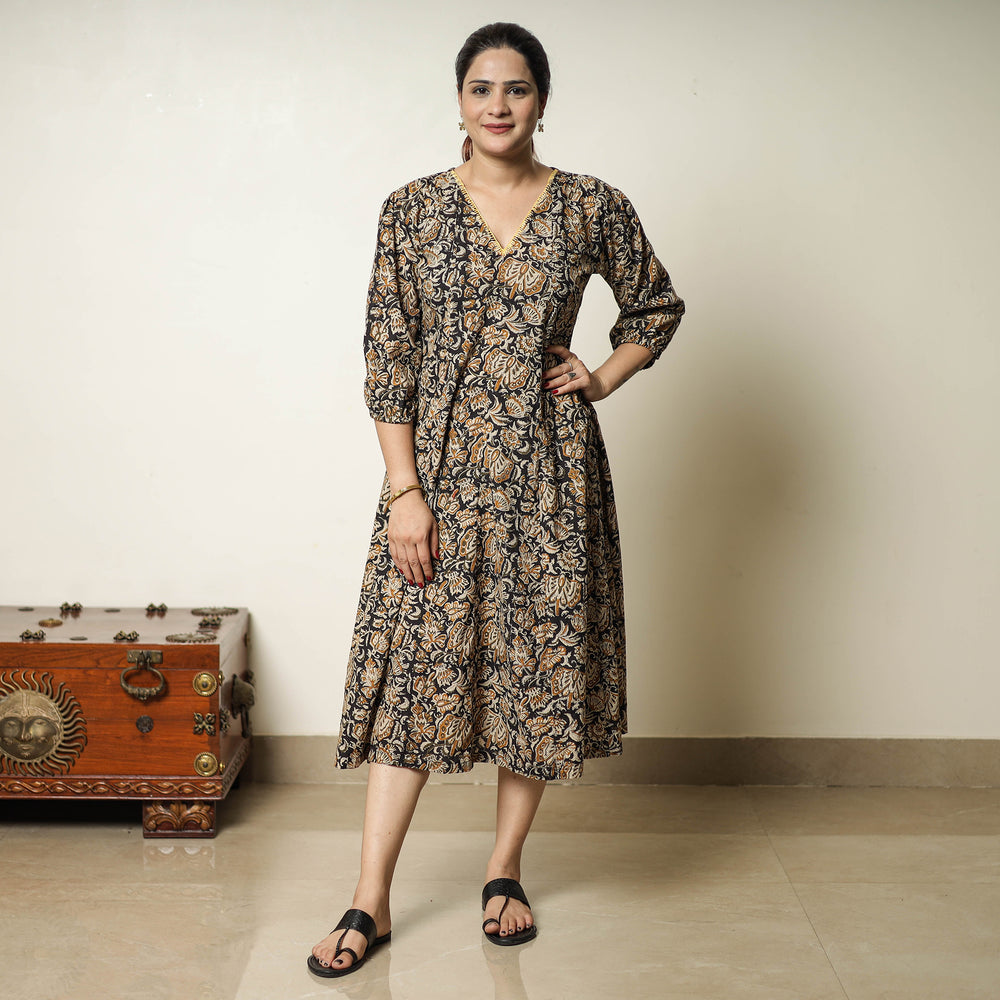 Black - Bagru Block Printed Cotton Flared Dress 03