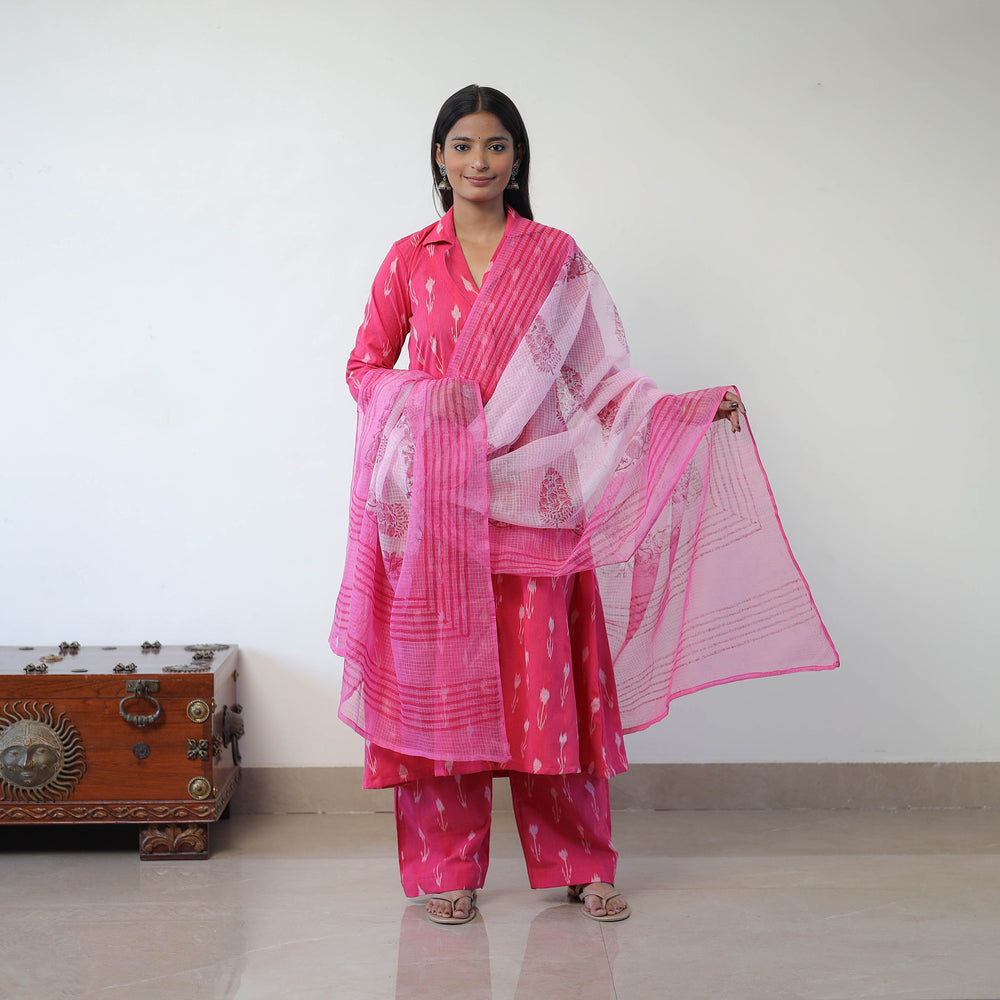 Pink - Handloom Cotton Pochampally Ikat Kurta Set with Dupatta 08