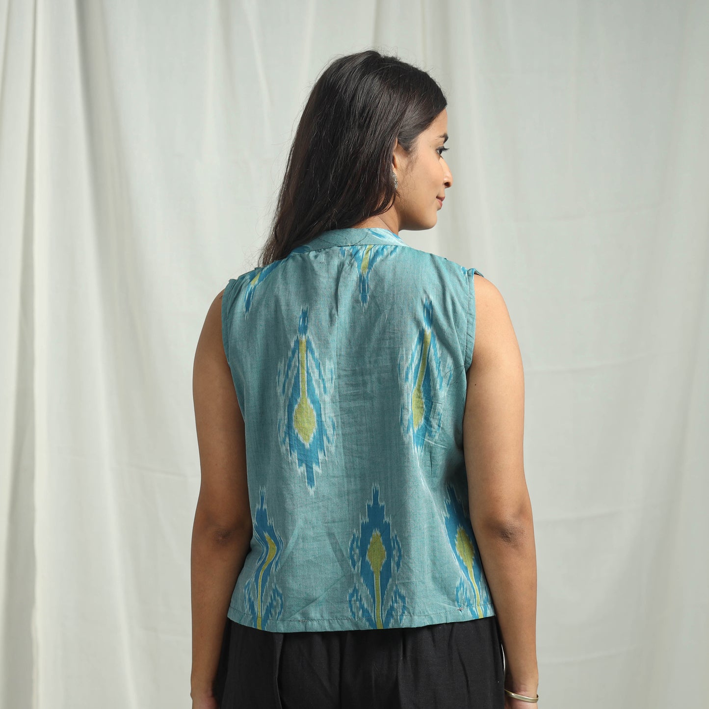 Blue - Handloom Cotton Central Asian Pochampally Ikat Crop Top 01