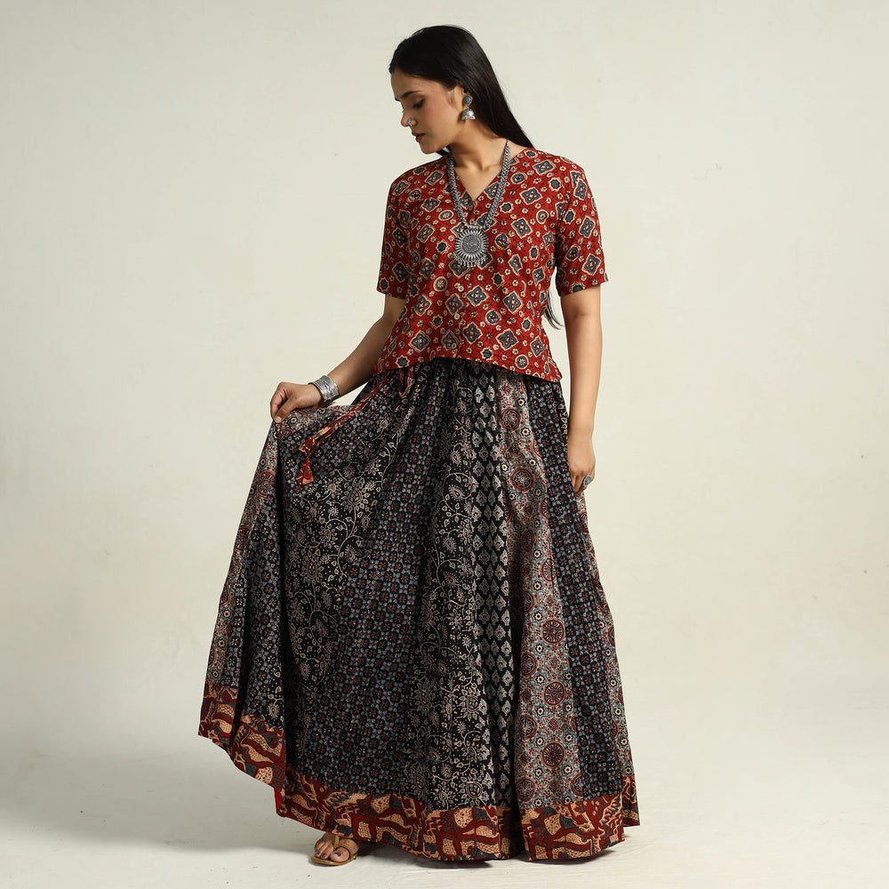 Black - Kutch Block Printed 24 Kali Cotton Long Skirt 36