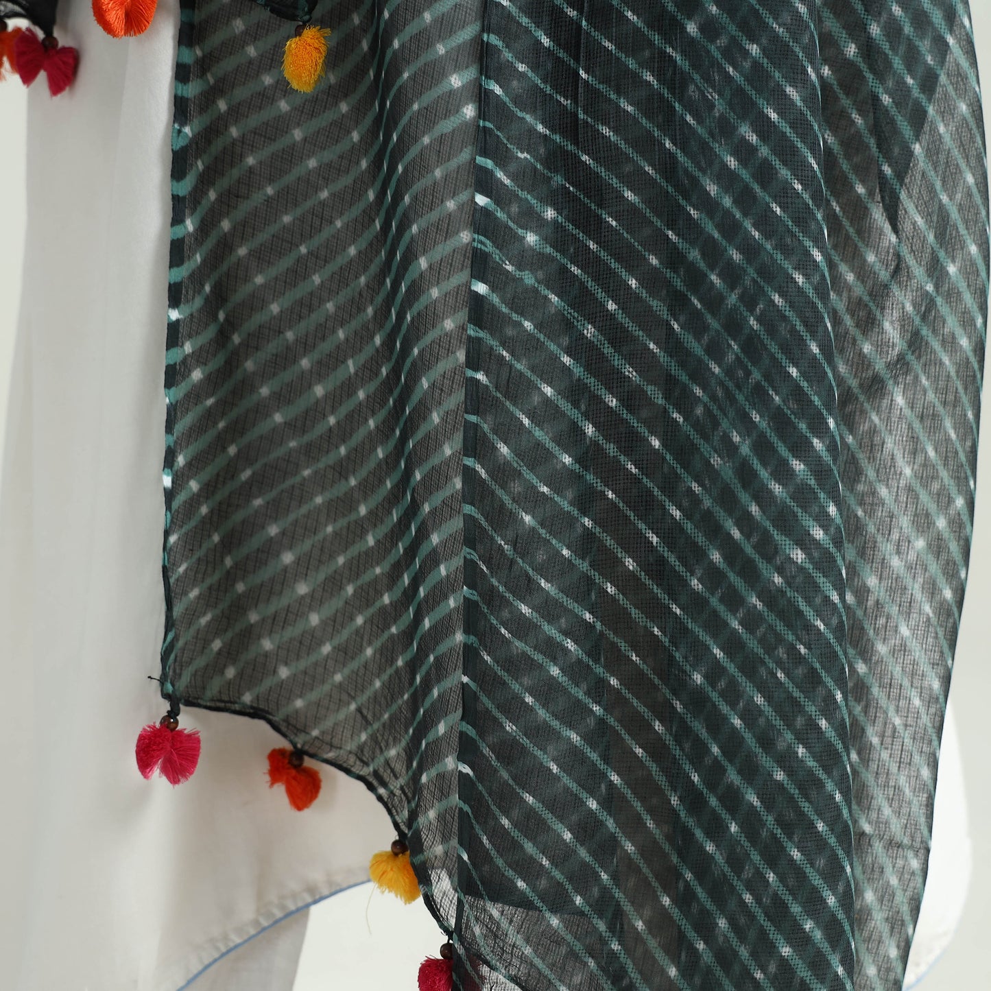 Grey - Leheriya Tie-Dye Mothra Kota Doria Cotton Dupatta with Tassels 31