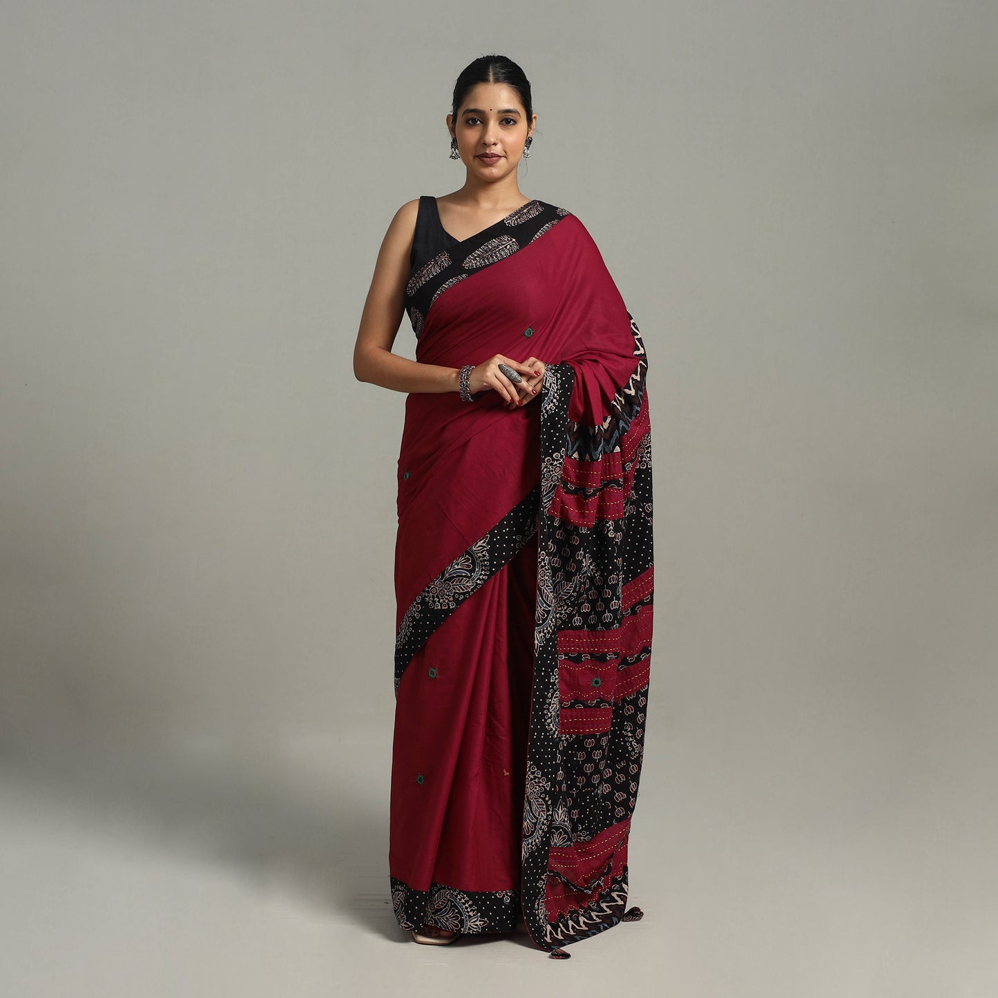 Maroon - Applique Patchwork Mul Cotton Tagai Ajrakh Saree 15