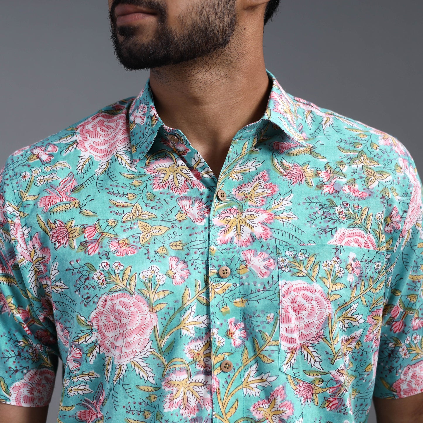 Sea Green - Sanganeri Block Printed Cotton Men Half Sleeve Shirt 15