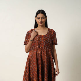  Brown Mercerized Cotton Flared Pochampally Ikat Dress