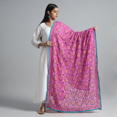 Pink - Ranihati Georgette Chapa Work Phulkari Embroidered Dupatta 75