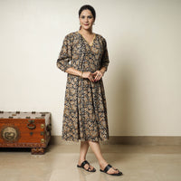 Black - Bagru Block Printed Cotton Flared Dress 03