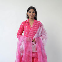 Pink - Handloom Cotton Pochampally Ikat Kurta Set with Dupatta 08