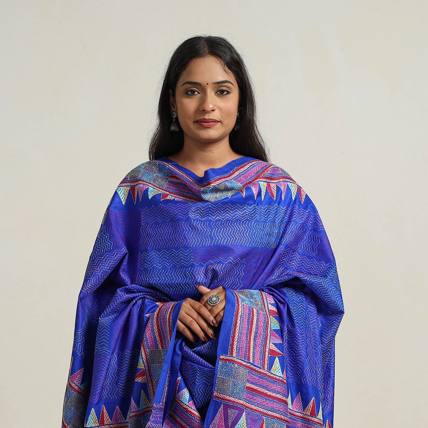 Blue - Bengal Handloom Silk Kantha Embroidery Dupatta 04