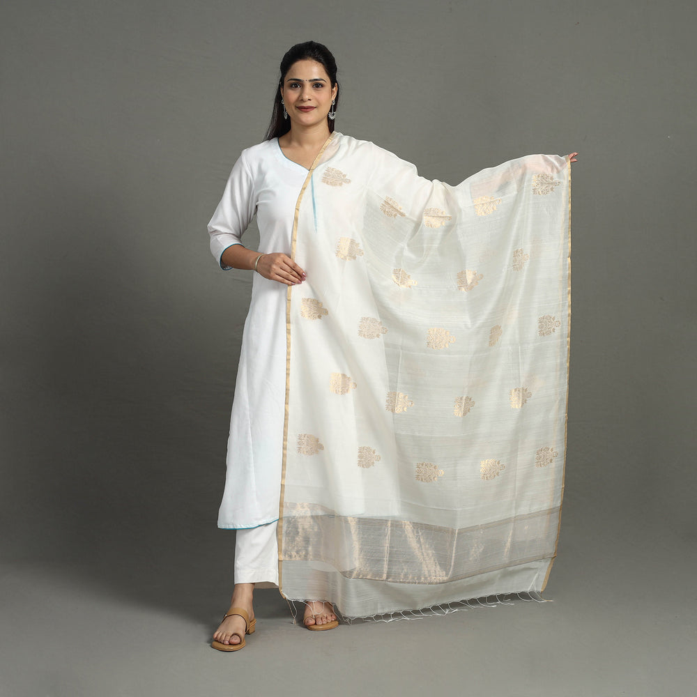 White - Handloom Silk Cotton Zari Buta Chanderi Dupatta 24