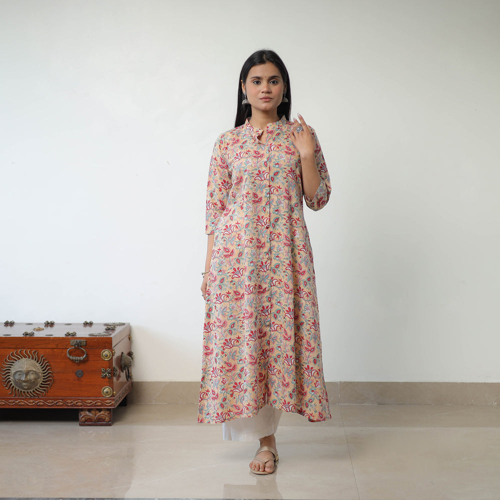 Brown - Sanganeri Block Printed Cotton A-Line Long Kurta