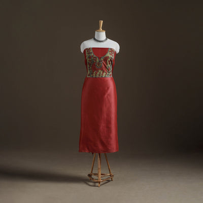 Red - Handpainted Srikalahasti Handloom Chanderi Silk Unstitched Kurta (2.3M) 06