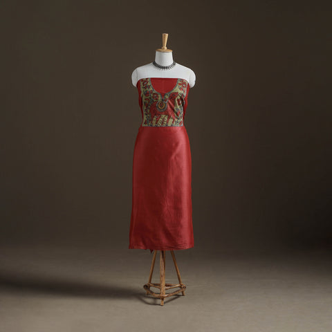 Red - Handpainted Srikalahasti Handloom Chanderi Silk Unstitched Kurta (2.3M) 06