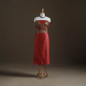 Red - Handpainted Srikalahasti Handloom Chanderi Silk Unstitched Kurta (2.3M) 06