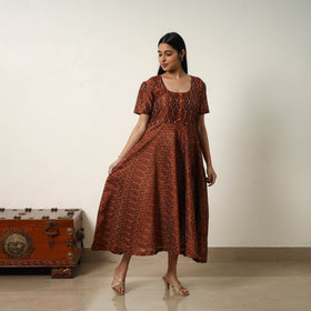  Brown Mercerized Cotton Flared Pochampally Ikat Dress