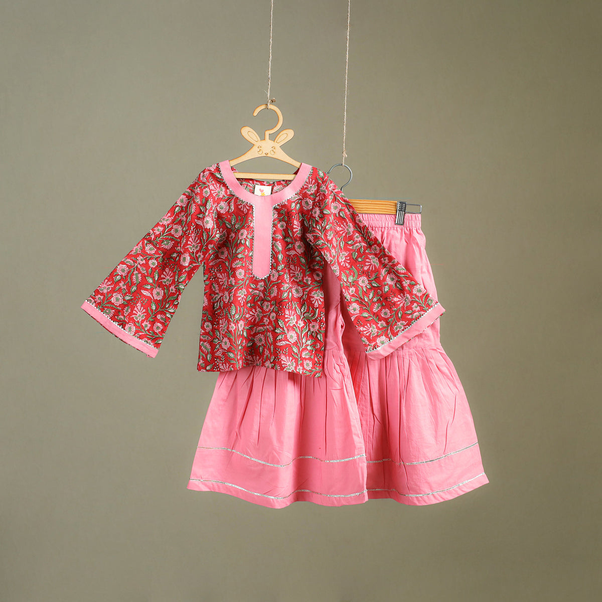 Girls Gota Work Floral Block Print Cotton Kurta with Sharara Set (3-4 Years) 36