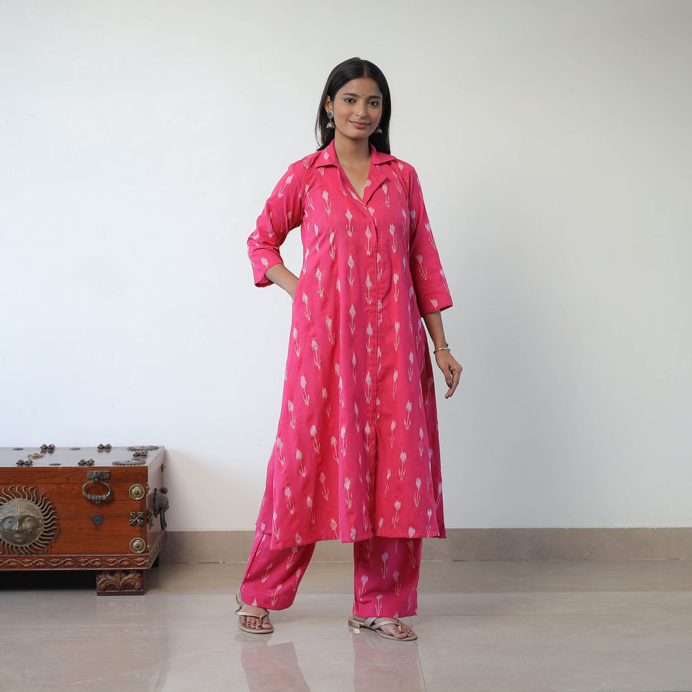 Pink - Handloom Cotton Pochampally Ikat Kurta Set with Dupatta 08