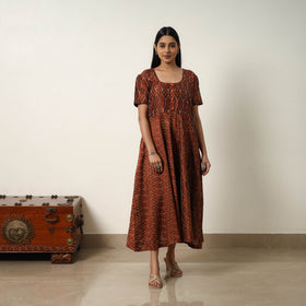  Brown Mercerized Cotton Flared Pochampally Ikat Dress