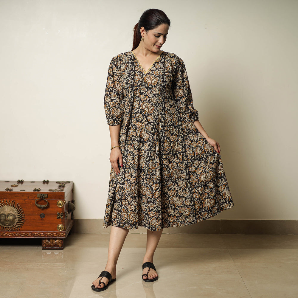 Black - Bagru Block Printed Cotton Flared Dress 03