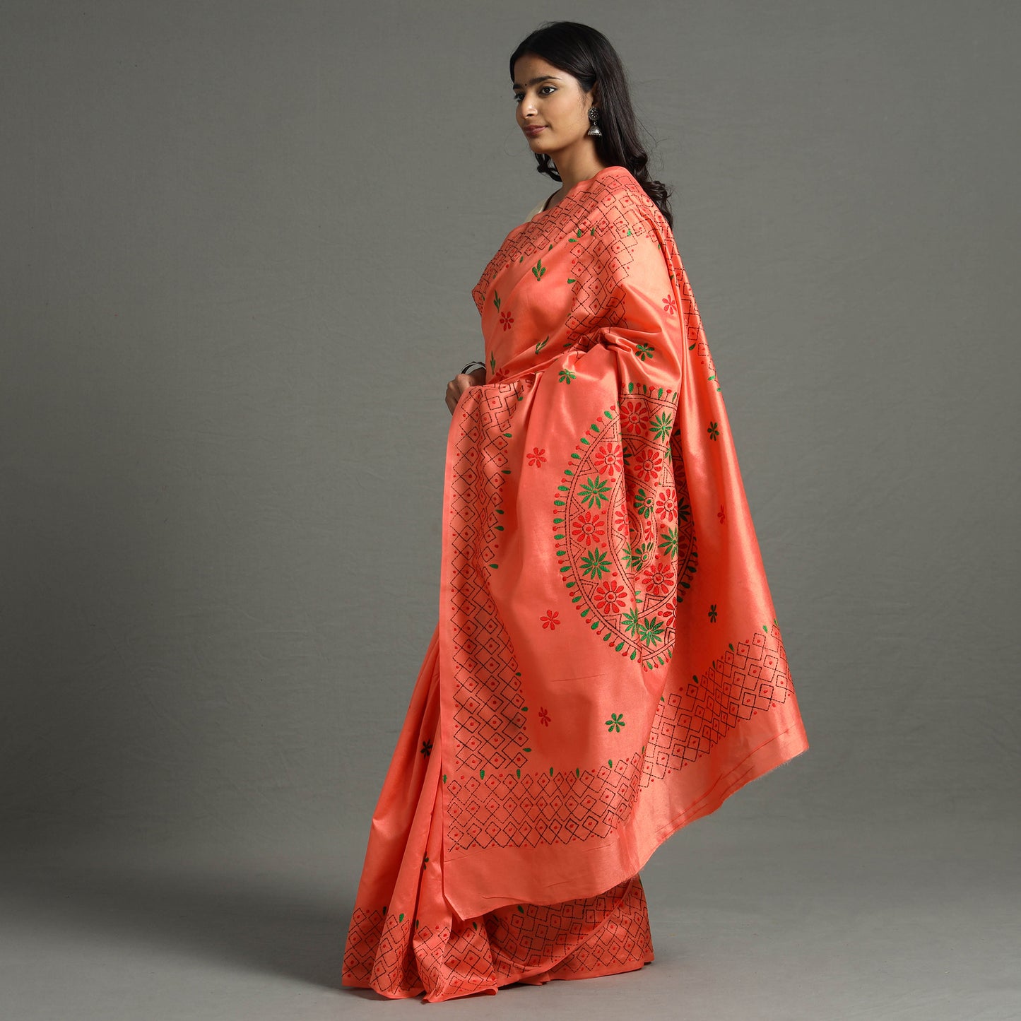 Orange - Bengal Nakshi Kantha Embroidery Silk Saree