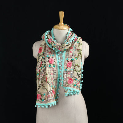 Ranihati Chanderi Silk Hand Embroidered Stole with Pom Pom 171