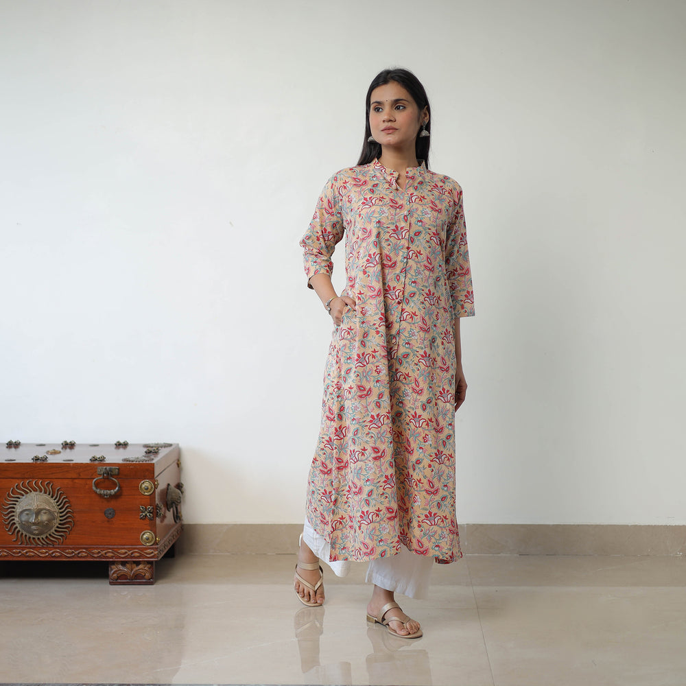 Brown - Sanganeri Block Printed Cotton A-Line Long Kurta