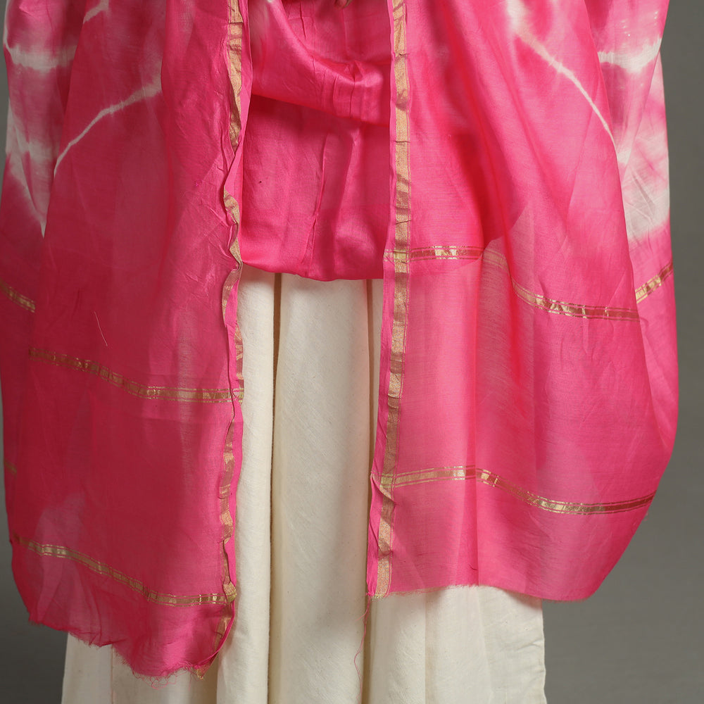 Pink - Shibori Tie-Dye Handloom Chanderi Silk Dupatta with Zari Border 50