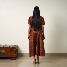 Brown Mercerized Cotton Flared Pochampally Ikat Dress