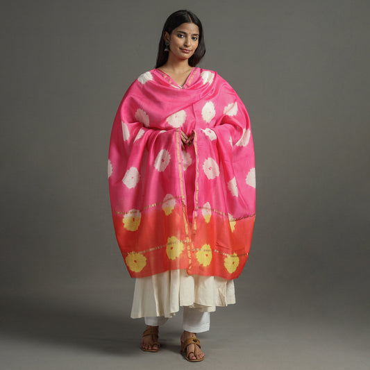 Pink - Shibori Tie-Dye Handloom Chanderi Silk Dupatta with Zari Border 51