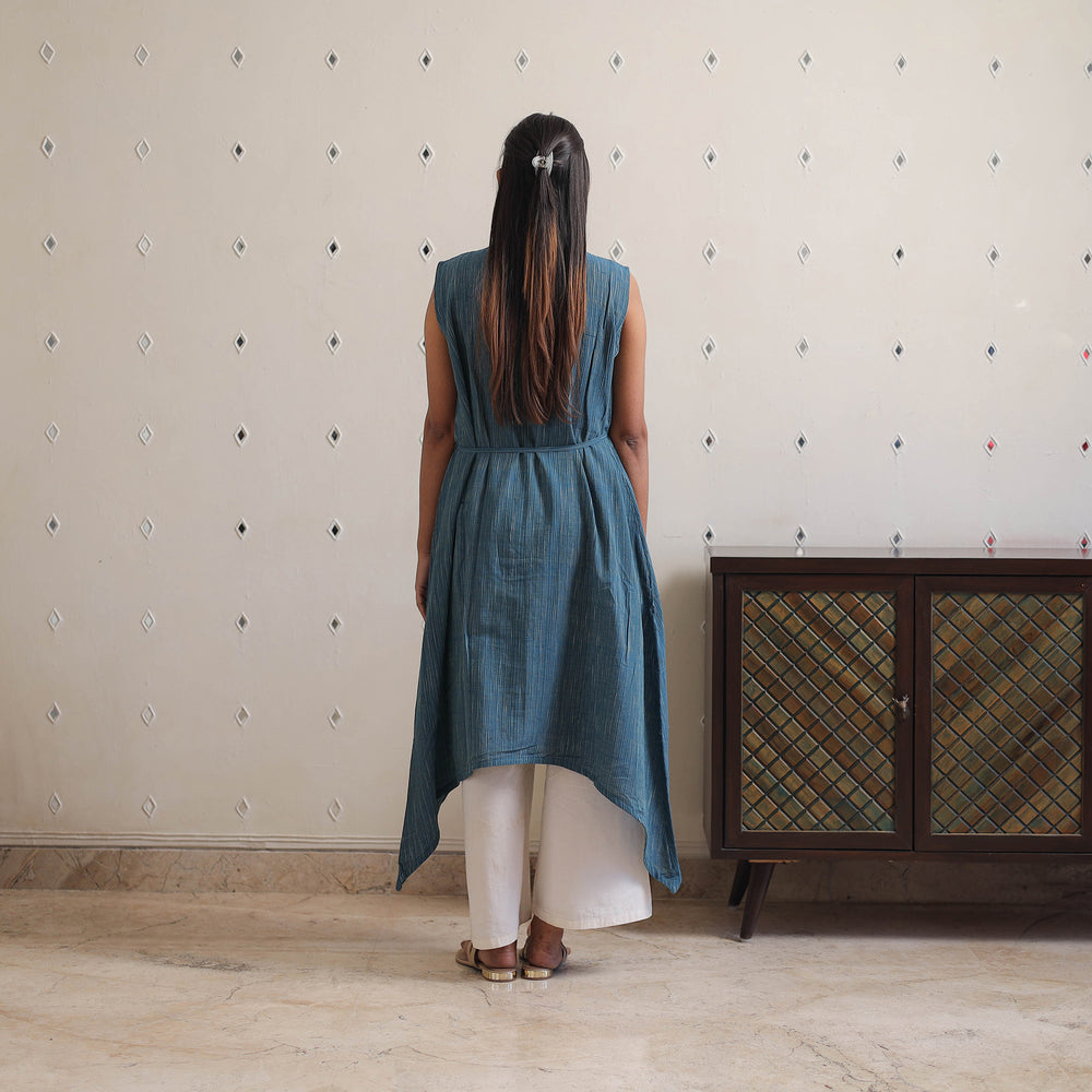 Blue - Sleeveless Handwoven Stripes Cotton Tent Dress 21