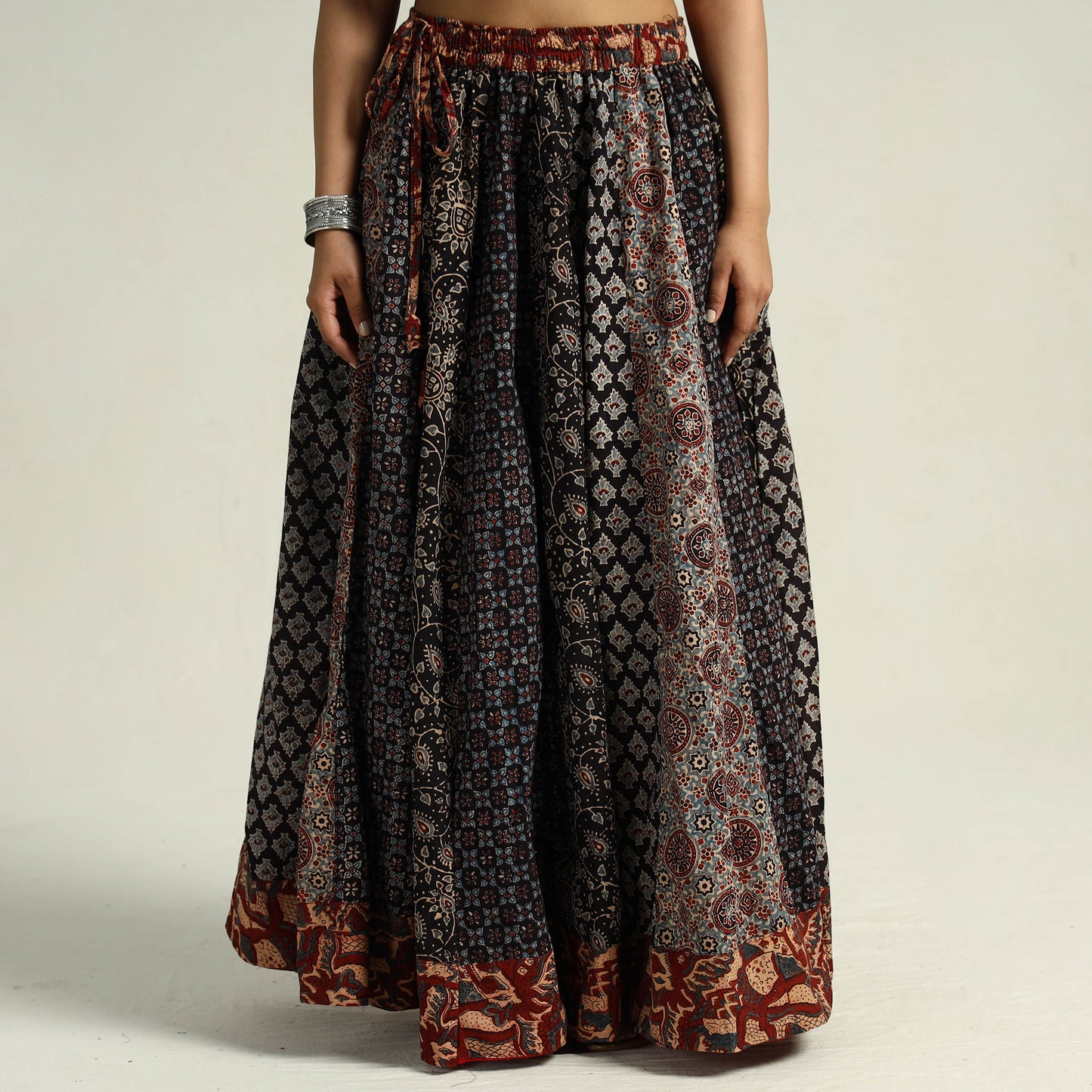 Black - Kutch Block Printed 24 Kali Cotton Long Skirt 36