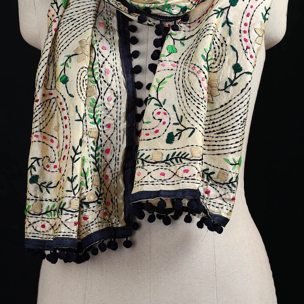 Ranihati Chanderi Silk Hand Embroidered Stole with Pom Pom 173