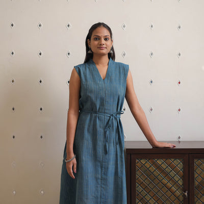 Blue - Sleeveless Handwoven Stripes Cotton Tent Dress 21