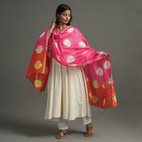 Pink - Shibori Tie-Dye Handloom Chanderi Silk Dupatta with Zari Border 51