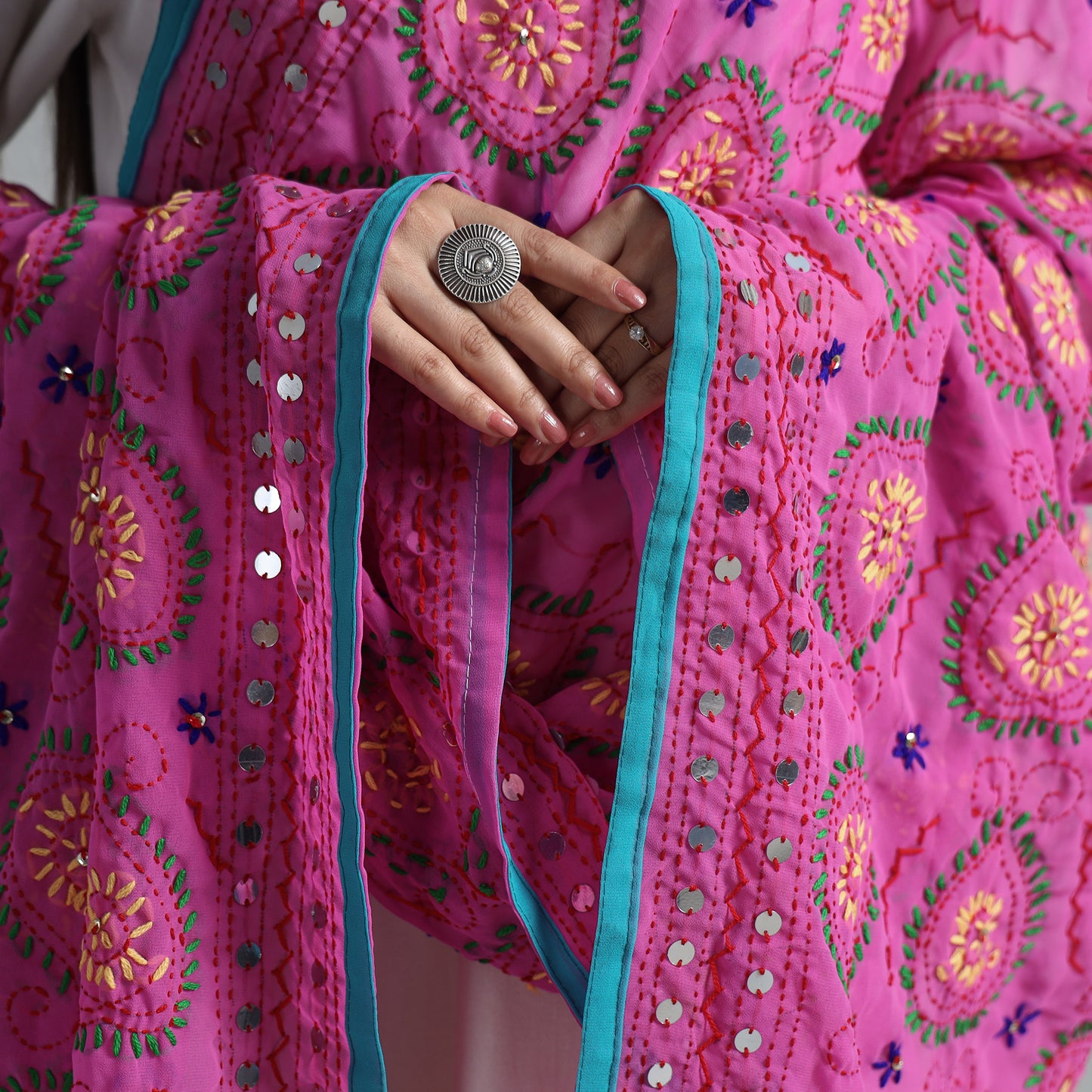 Pink - Ranihati Georgette Chapa Work Phulkari Embroidered Dupatta 75