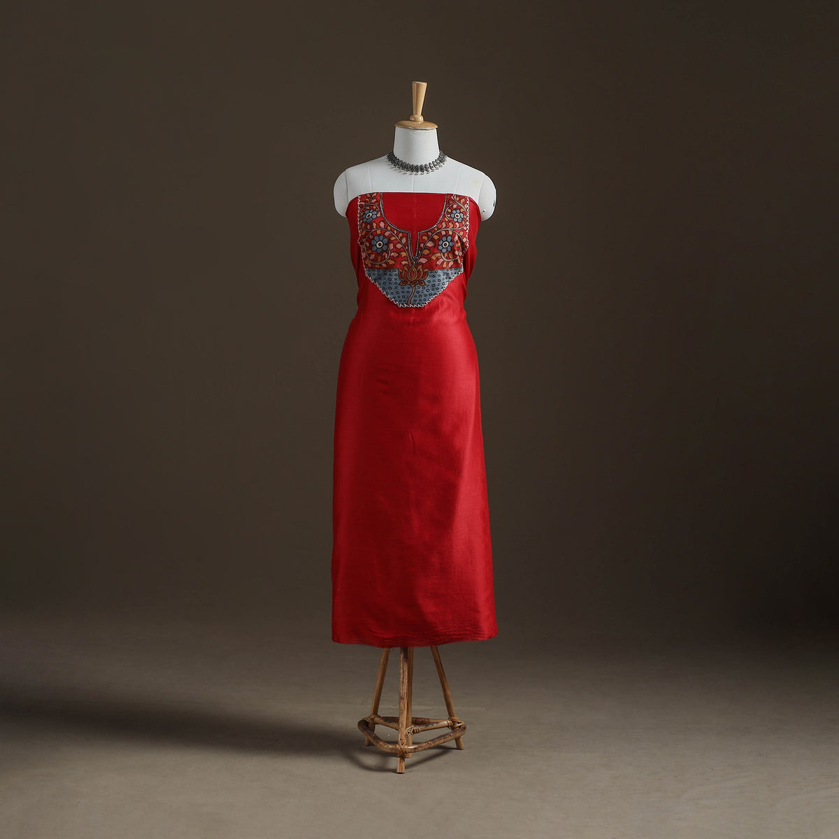 Red - Handpainted Srikalahasti Handloom Chanderi Silk Unstitched Kurta (2.3M) 07