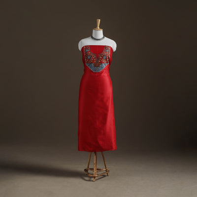 Red - Handpainted Srikalahasti Handloom Chanderi Silk Unstitched Kurta (2.3M) 07