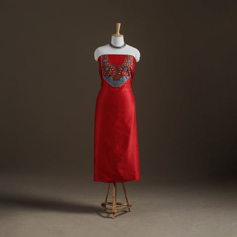 Red - Handpainted Srikalahasti Handloom Chanderi Silk Unstitched Kurta (2.3M) 07