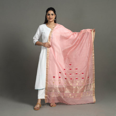 Pink - Handloom Silk Cotton Thread & Zari Buti Chanderi Dupatta 30