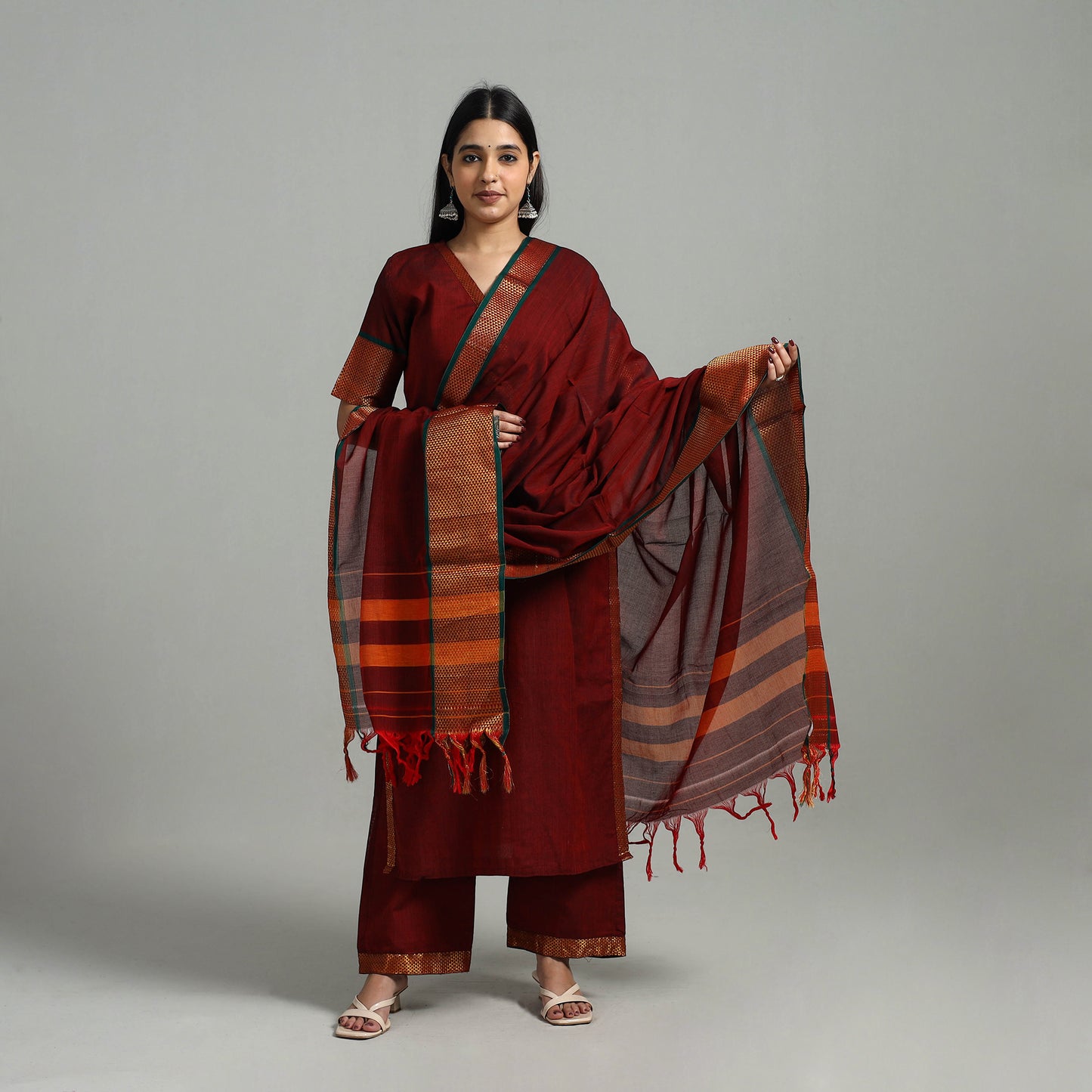 Maroon - Cotton Dharwad Kurta Set with Palazzo & Dupatta 18