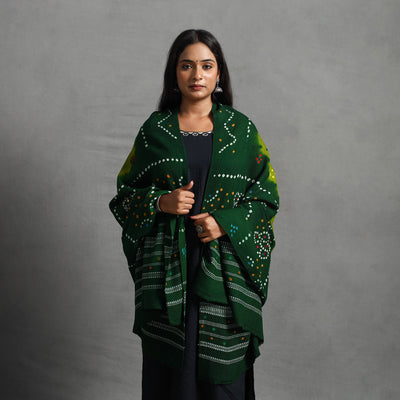 Green - Kutch Mirror Work Handwoven Bandhani Bagida Woolen Shawl 01