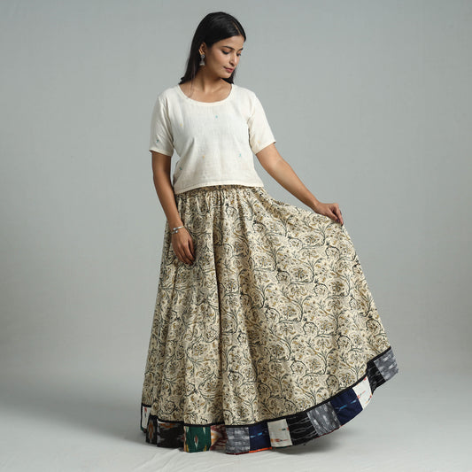 Beige - Hand Block Printed Cotton Long Kalamkari Skirt 18