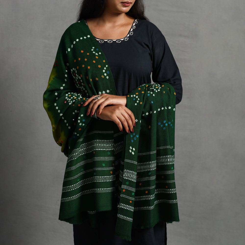 Green - Kutch Mirror Work Handwoven Bandhani Bagida Woolen Shawl 01