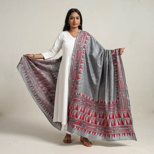 Grey - Bengal Handloom Silk Kantha Embroidery Dupatta 05