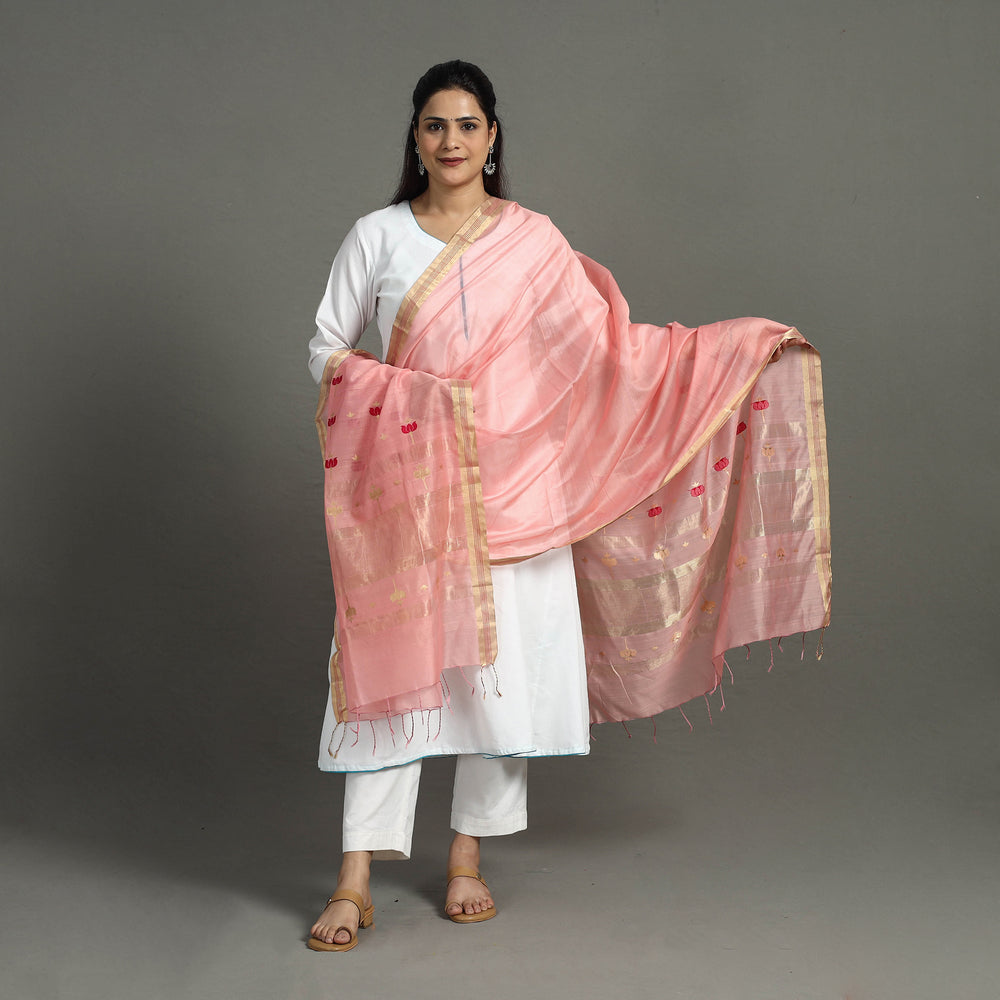 Pink - Handloom Silk Cotton Thread & Zari Buti Chanderi Dupatta 30