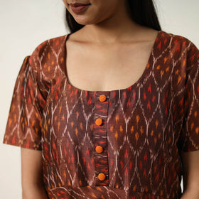  Brown Mercerized Cotton Flared Pochampally Ikat Dress