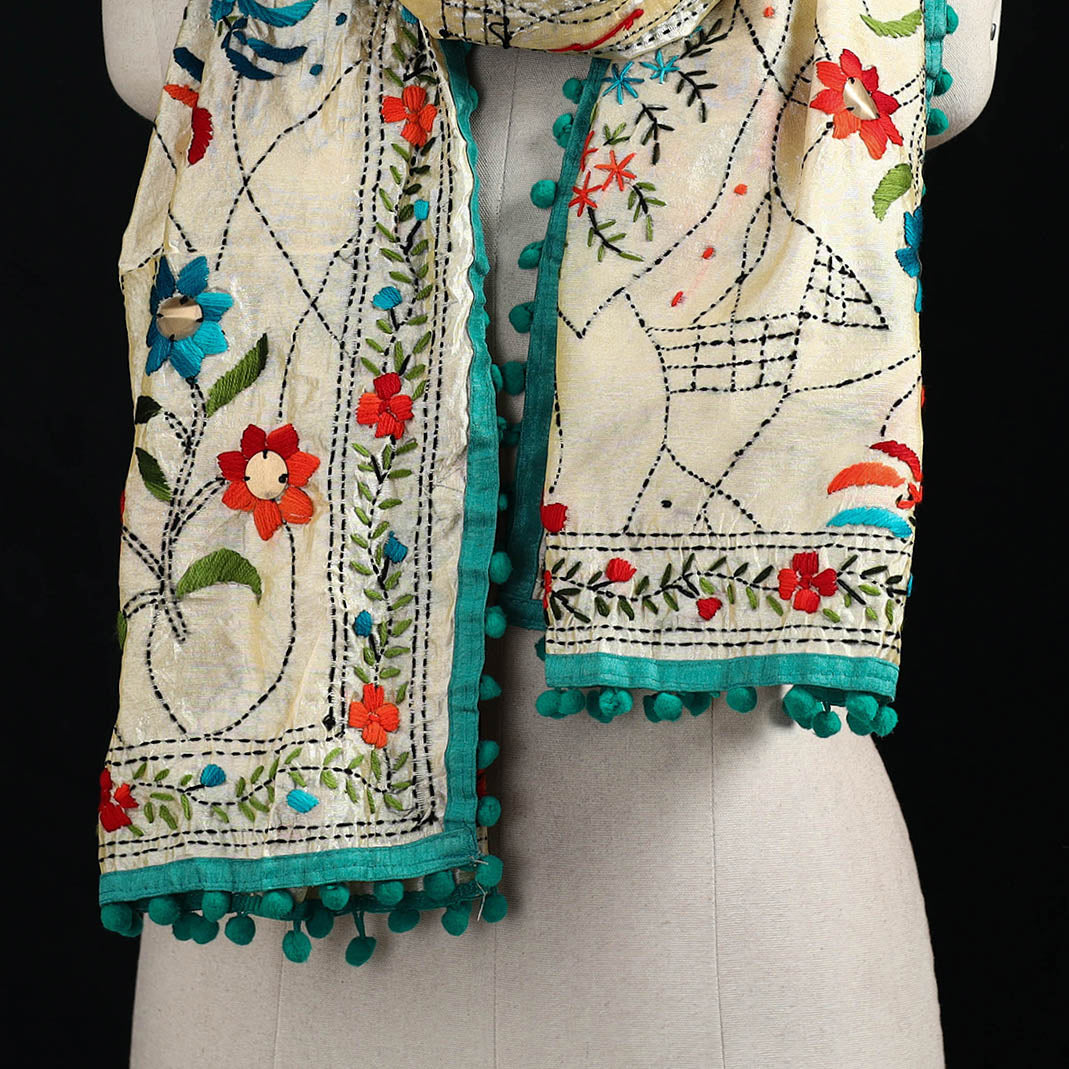 Ranihati Chanderi Silk Hand Embroidered Stole with Pom Pom 175