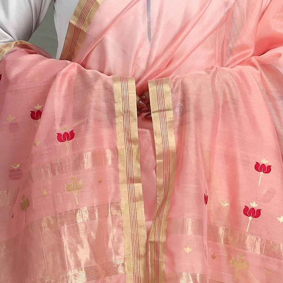 Pink - Handloom Silk Cotton Thread & Zari Buti Chanderi Dupatta 30