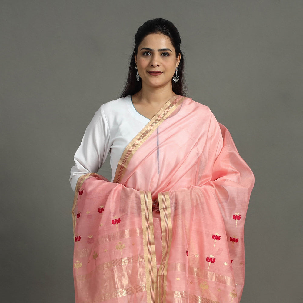 Pink - Handloom Silk Cotton Thread & Zari Buti Chanderi Dupatta 30